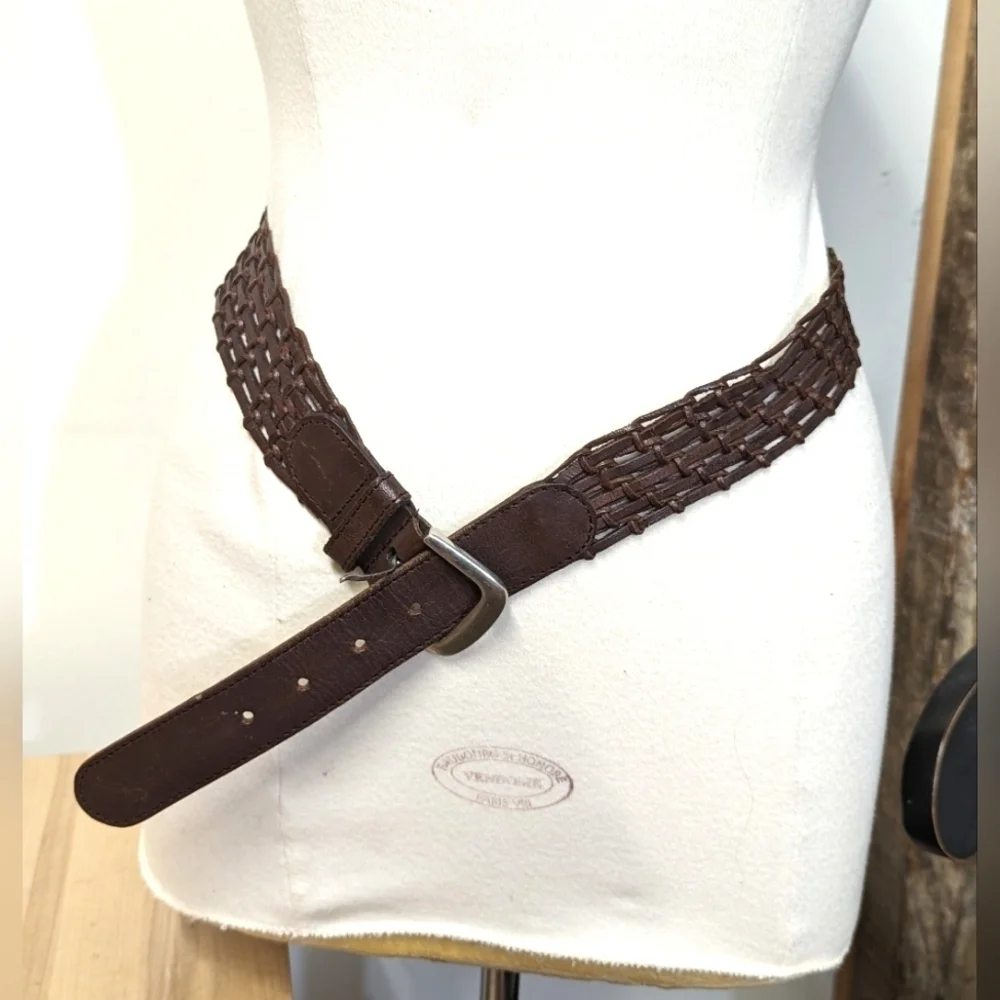 Vintage Wide Braided Brown Leather Belt with Nickel Buckle L